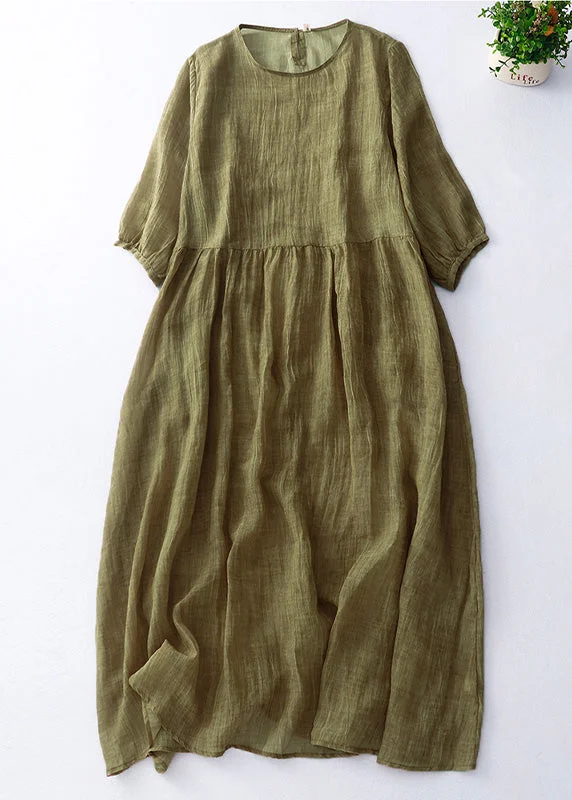 maxi dresses for yoga and meditationCute Green O-Neck Patchwork Solid Linen Maxi Dress Short Sleeve