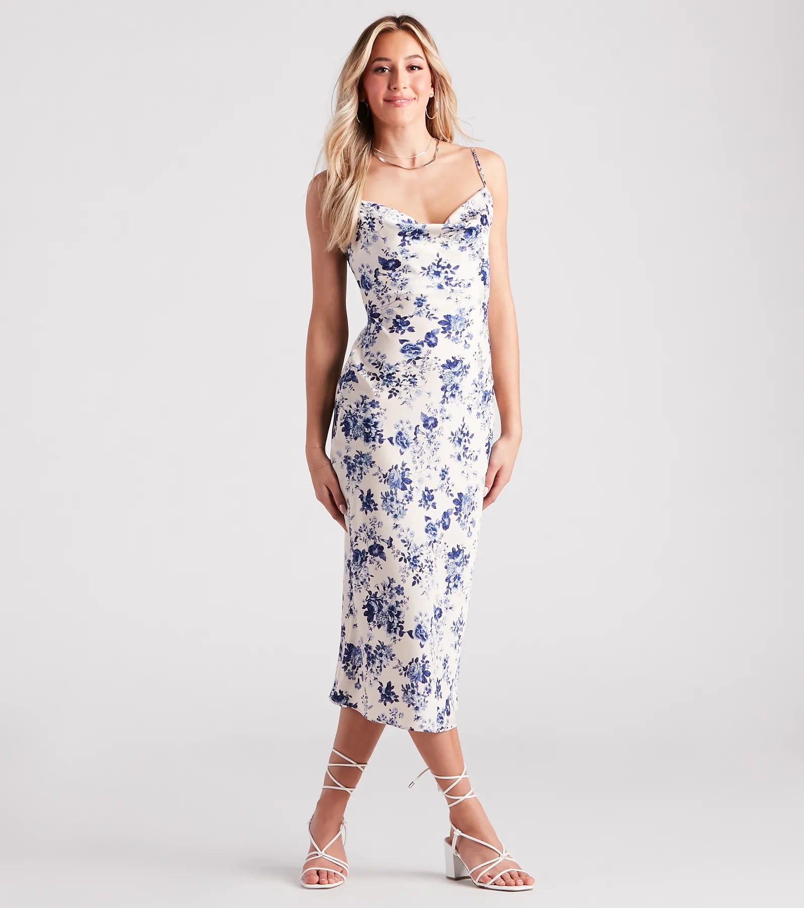 satin maxi dressesmidi fit-and-flare dressesInfatuated Floral Satin Midi Dress