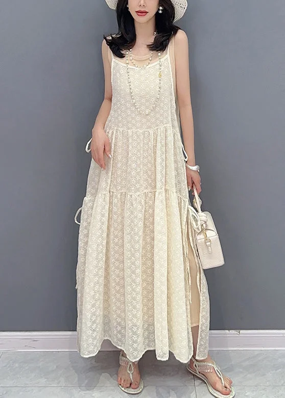 maxi dresses for day-to-night wearSimple Beige O-Neck Print Patchwork Chiffon Maxi Dresses Summer