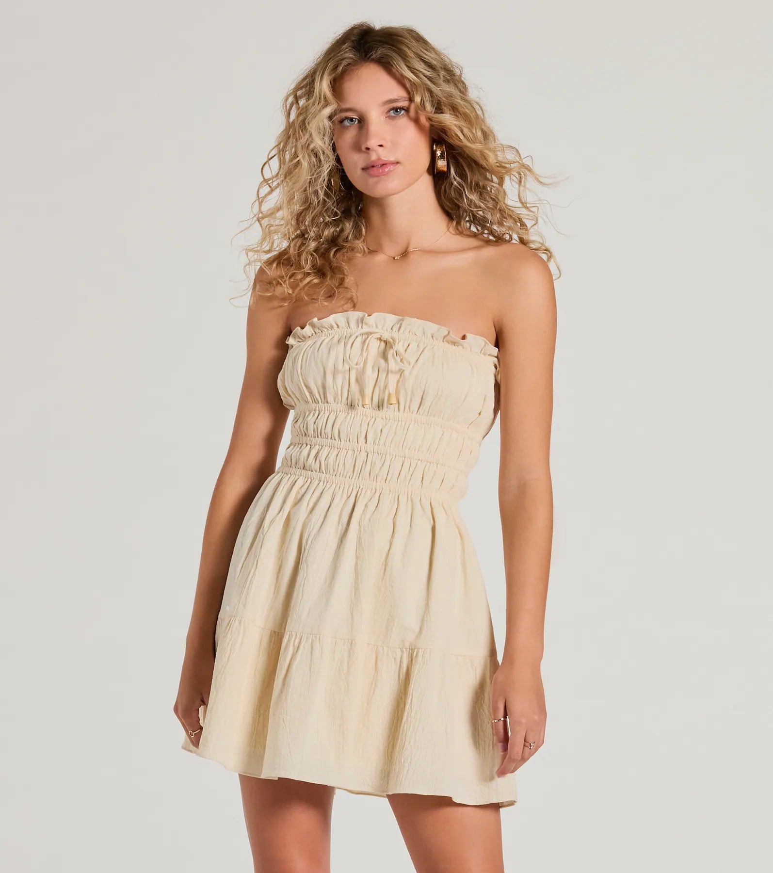 chic and comfortable Mimi dresses for all-day wearTrue Devotion Strapless Ruffle Skater Mini Dress