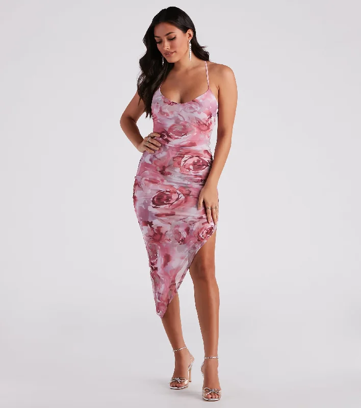 maxi dresses with front pocketsquick-dry midi dressesDreamy Floral Ruched Mesh Midi Dress