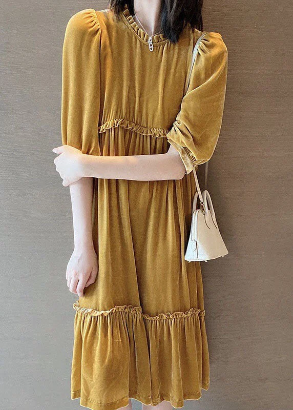 maxi dresses with cinched waistsPlus Size Yellow Ruffled Patchwork velour Fall Half Sleeve Maxi Dresses