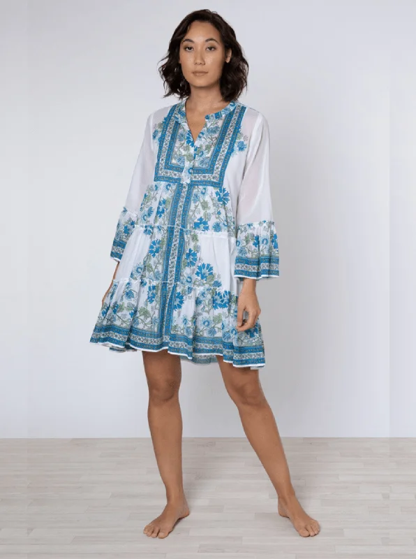 women's bow dressesWhite / Blue / Aqua Flared Sleeve Dress w/ Rose Border Print