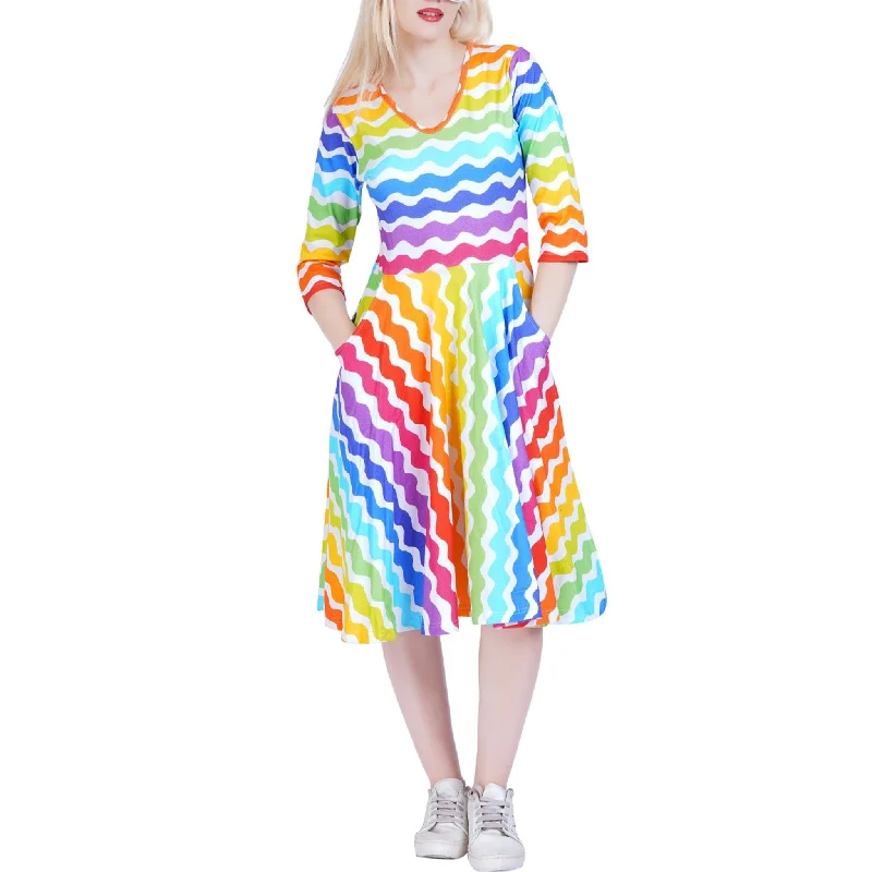 women's mother of the bride dressesZig Zag Rainbow 3/4th Sleeves Fit & Flare Dress