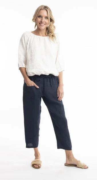 women's ankle-length pantsNavy linen 3/4 pants