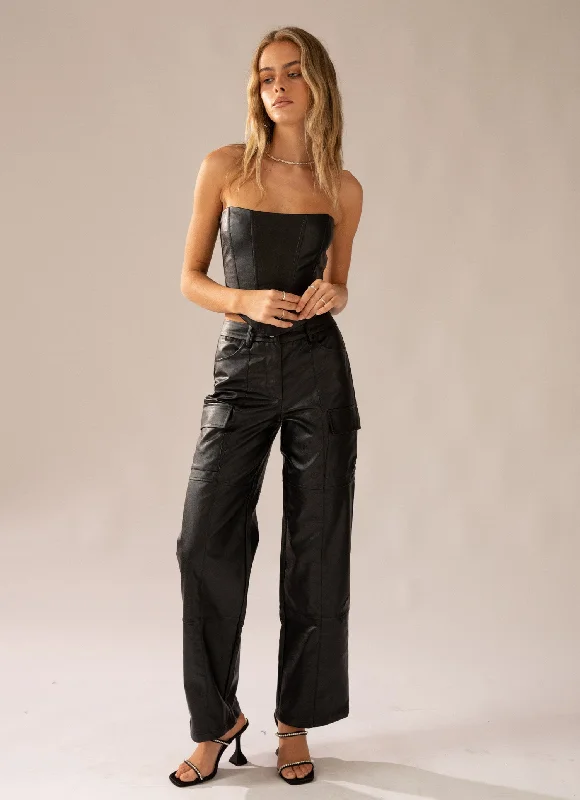 women's linen pantsWalk On The Wild Side PU Cargo Pants - Black