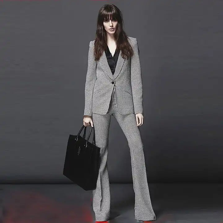 women's yoga pantsWomen's Career Style Single Button Plaid Blazer Flare Pants Suit Sale