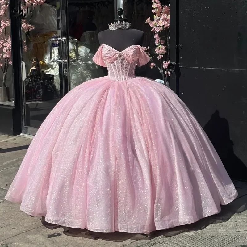 prom dresses for curve-hugging figuresElegant Pink Quinceanera Dresses Beading Sweetheart Sequin Sweet 16 Prom Gowns Shinny Pageant Dress