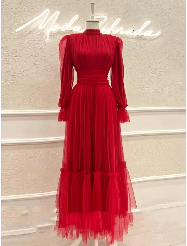 empire waist prom dressesA-Line Prom Dresses Elegant Dress Formal Ankle Length Long Sleeve High Neck Tulle with Pleats Ruched