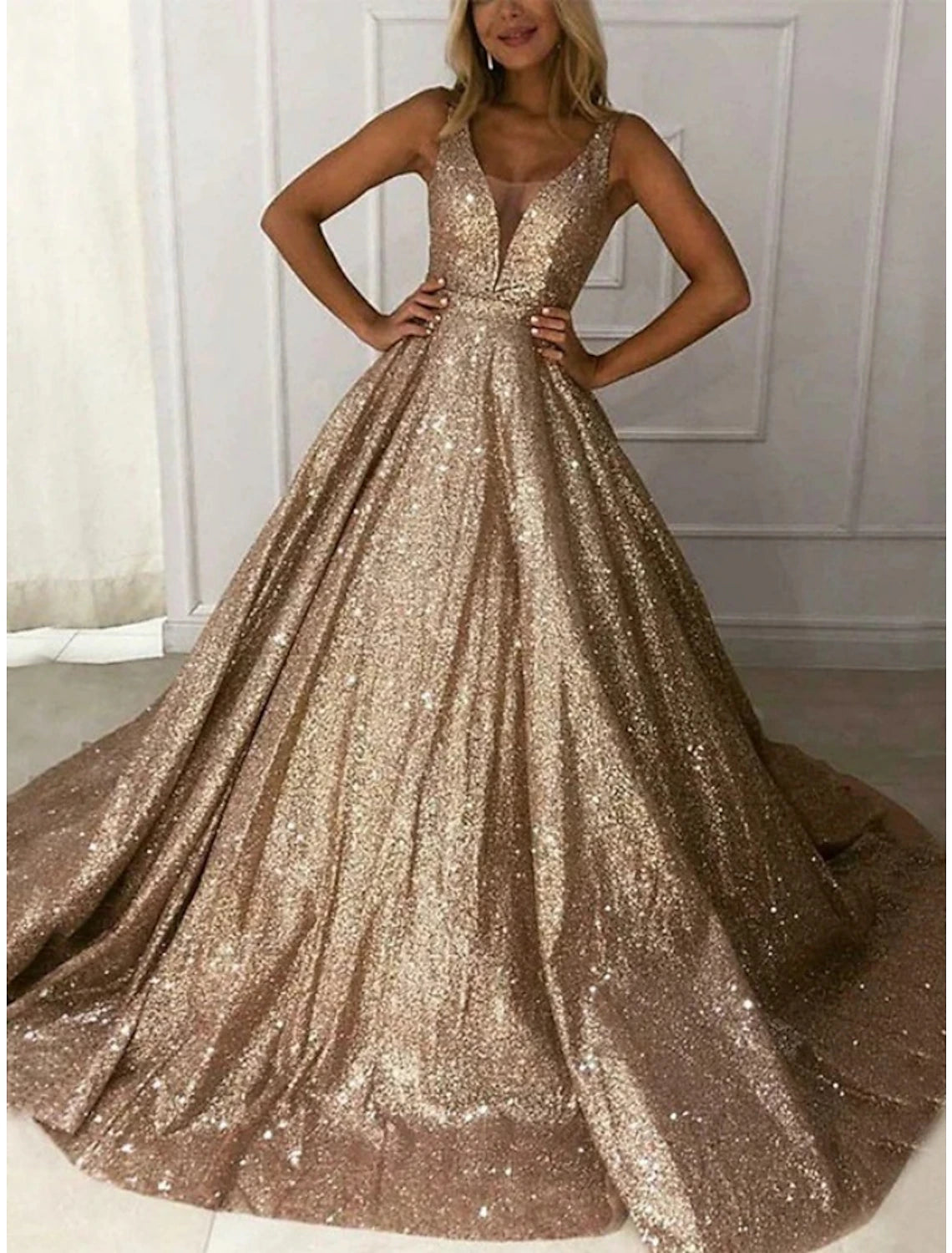 ready-to-wear prom dressesA-Line Prom Dresses Elegant Dress Formal Court Train Christmas Red Green Dress Sleeveless V Neck Sequined with Glitter Pleats