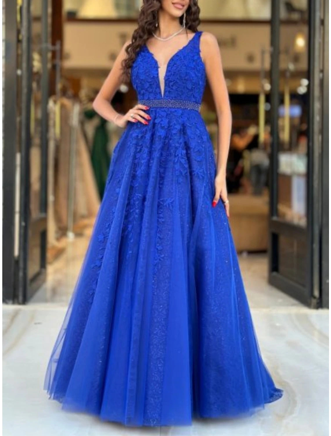 flowy prom dressesA-Line Prom Dresses Elegant Dress Formal Floor Length Sleeveless V Neck Tulle with Pleats Sequin Appliques