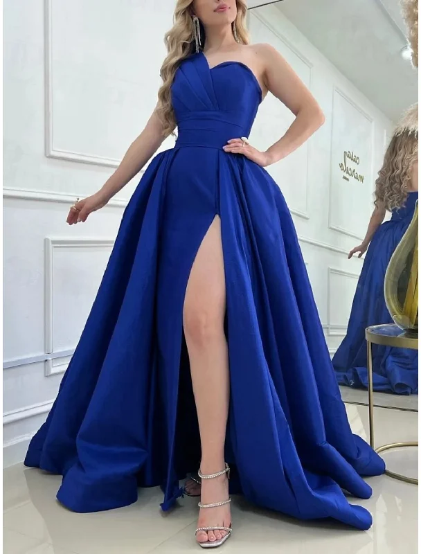 budget-friendly prom dressesA-Line Prom Dresses Elegant Dress Formal Sweep / Brush Train Sleeveless One Shoulder Satin with Pleats SlitA-Line Prom Dresses Elegant Dress Formal Sweep / Brush Train Sleeveless One Shoulder Satin with Pleats Slit