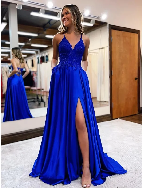 prom dresses for apple shapesA-Line Prom Dresses Empire Dress Formal Court Train Sleeveless V Neck Satin Backless with Beading Appliques