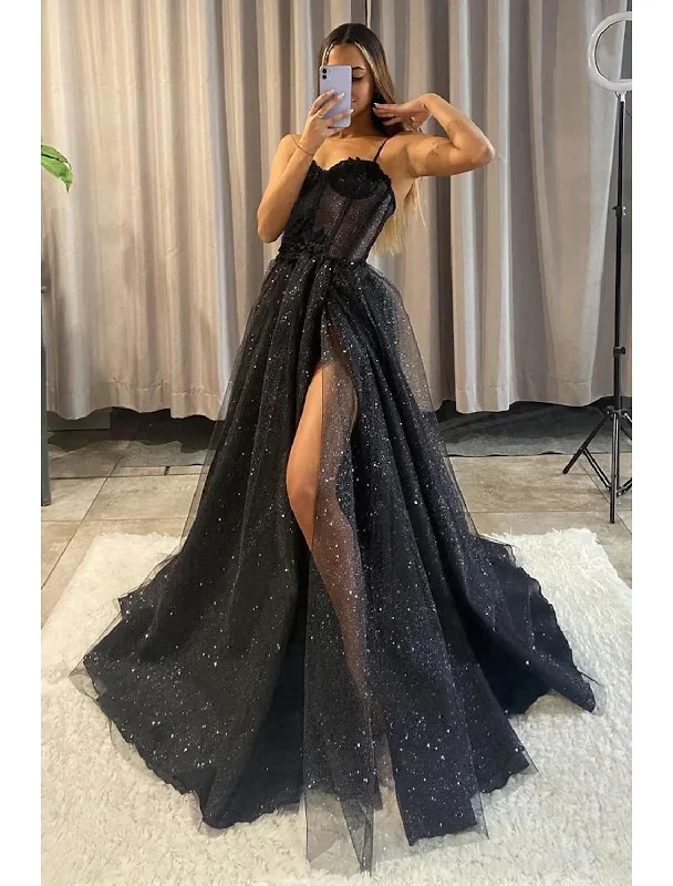 prom dress alterationsA-Line Prom Dresses Glitter Formal Gothic Dress Graduation Floor Length Sleeveless Sweetheart Spaghetti Tulle with Slit