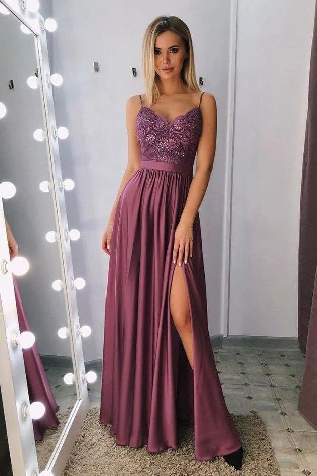 prom dresses with detachable sleevesA Line Spaghetti Straps V Neck Lace Side Slit Prom Dresses