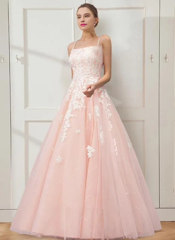 sweetheart neckline prom dressesBall Gown Prom Dresses Floral Dress Masquerade Floor Length Sleeveless Spaghetti Strap Tulle Crisscross Back with Embroidery