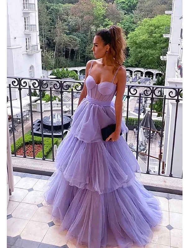 prom dresses for springBall Gown Prom Dresses Tiered Dress Formal Floor Length Sleeveless Sweetheart Tulle Backless with Pleats Ruched