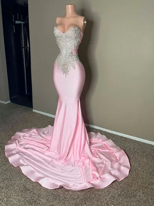 glamorous prom dressesChic Pink Strapless Sleeveless Mermaid Prom Dress with Embroidery