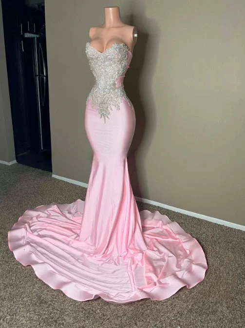 prom dresses with floral embroideryChic Pink Strapless Sleeveless Mermaid Prom Dress with Embroidery