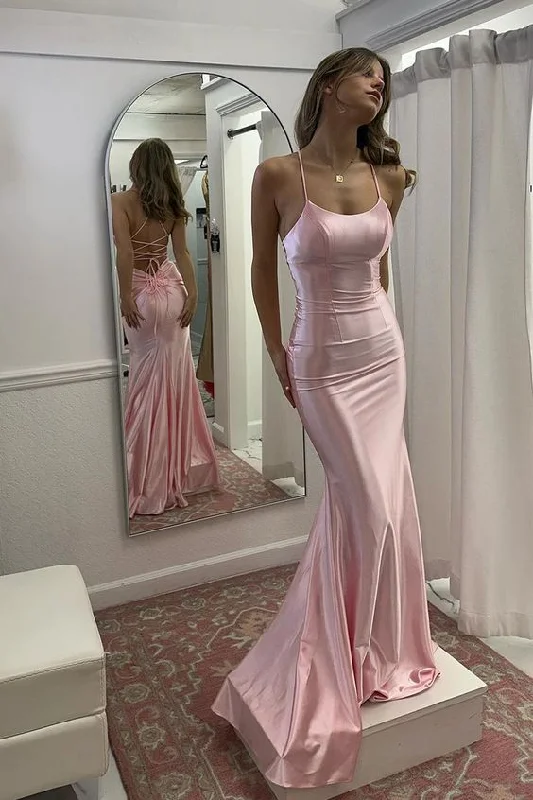 beaded prom dressesCute Mermaid Scoop Neck Pink Satin Long Prom Dress