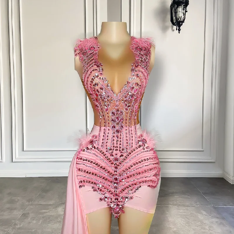 prom dresses with beaded accentsCute Pink Luxury Diamond Birthday Formal Dress For Women Sheer Mesh Feather Black Girls Short Prom Dresses 2024