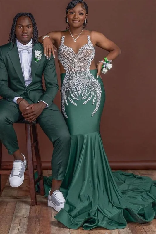 prom dresses for summerDark Green Sleeveless Mermaid Prom Dress with Scoop Neck and Crystal Embellishments