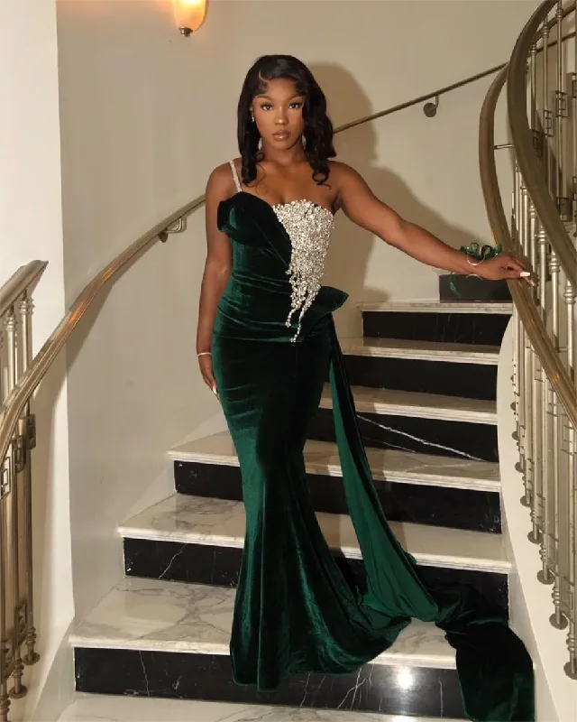 prom dresses for short girlsDark Green Velvet Spaghetti Beaded Appliques Prom Dresses For Black Girls Mermaid Formal Occasion Dress With Train Birthday Gown