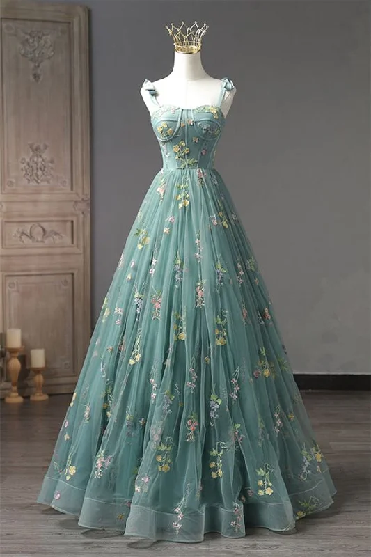 glamorous prom dressesDusty Green Embroidery Long Prom Dress