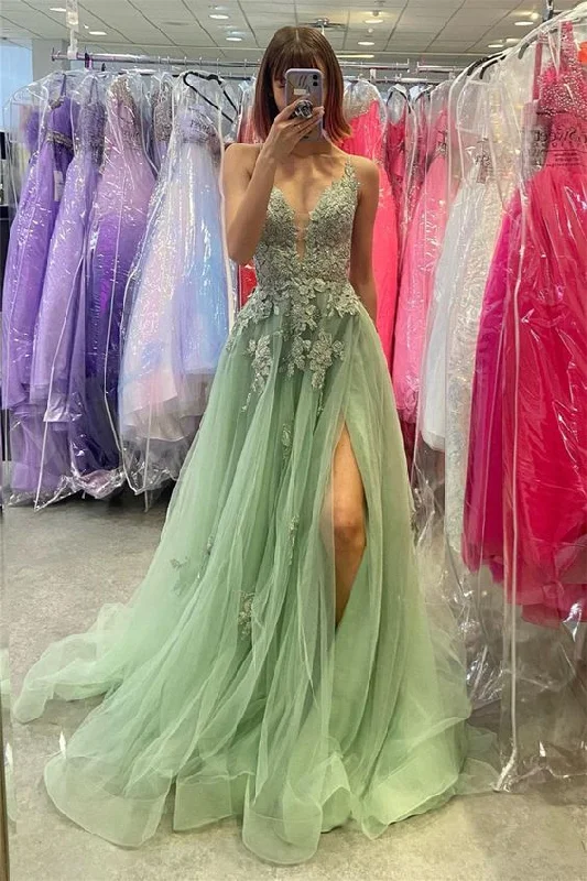 vintage prom dressesDusty Sage A-line V Neck Appliques Tulle Long Prom Dress with Slit