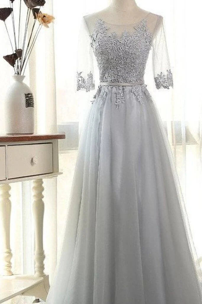 prom dresses with floral embroideryElegant  A-Line Scoop Floor-Length Tulle Sleeves Prom Dresses