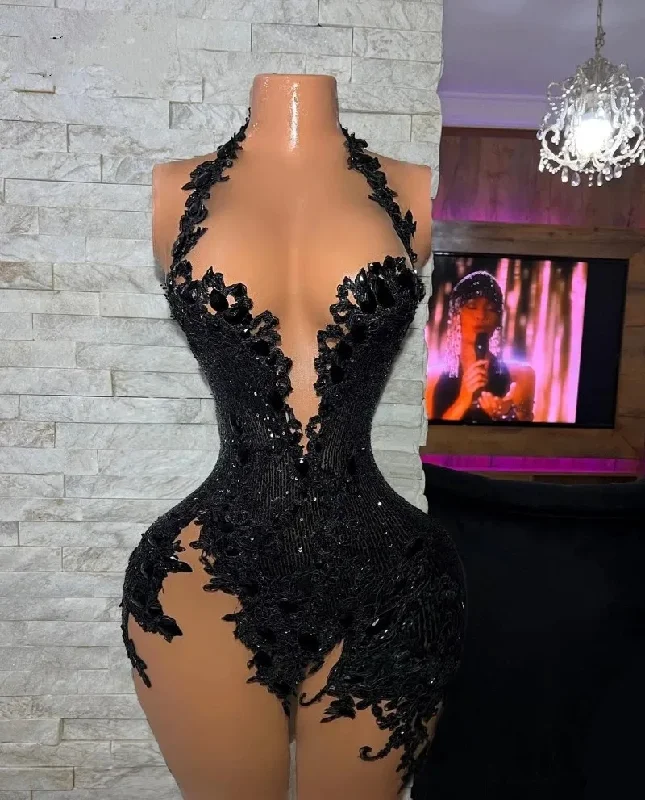 elegant prom dressesElegant Black Lace Prom Dresses For Little Girl High Neck Beaded Short Cocktail Gowns Abiti Da Cocktail