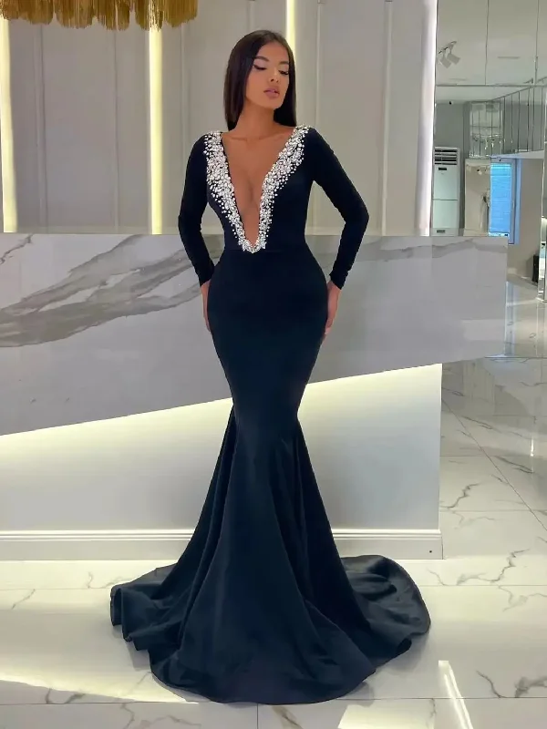 prom dresses with sequin detailingElegant Black Mermaid Prom Dresses Long Sleeves Sheer Neck Beaded Women Formal Occasion Dress Stretch Satin Vestidos de fiesta