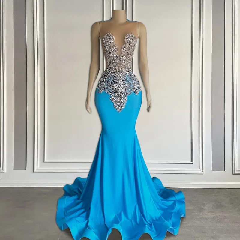 prom dresses with floral embroideryElegant Blue Long Prom Dresses 2024 Luxury Crystal Beaded Mermaid Style Black Girls Prom Gala Gowns