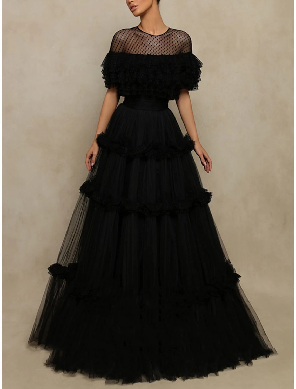 lace-up prom dressesElegant Dress Formal Floor Length Short Sleeve Jewel Neck Tulle with Pleats Ruffles Prom Dresses