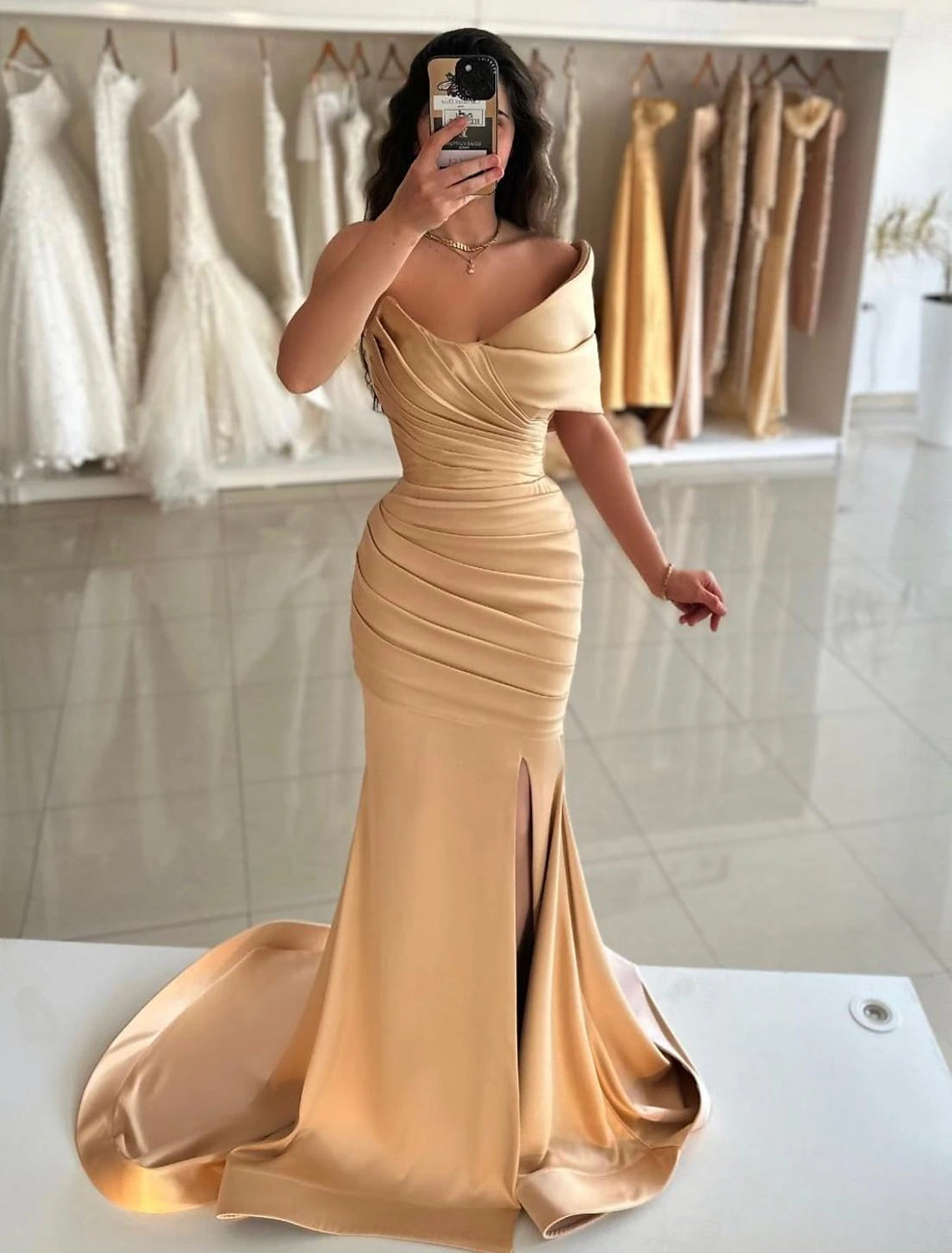 open-back prom dressesElegant Dress Formal Prom Floor Length Sleeveless Off Shoulder Satin with Ruched Slit Prom Dresses