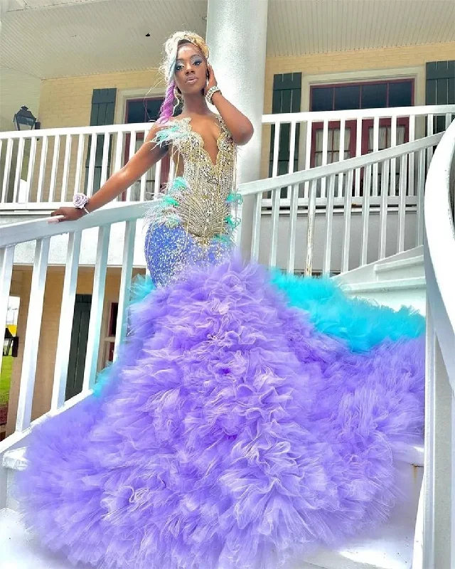 prom dresses for tall girlsElegant Lake Blue And Purple Prom Dresses Luxury Feathers Tulle Ruched Crystal Beading Mermaid Formal Eevning Occasion Gown