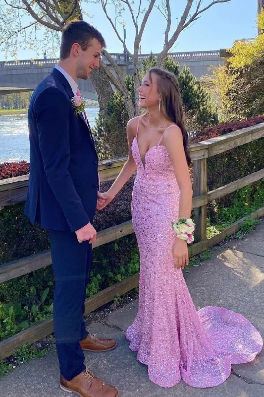 bespoke prom dressesElegant Mermaid Sequin Pink Long Prom Dresses Formal Dress