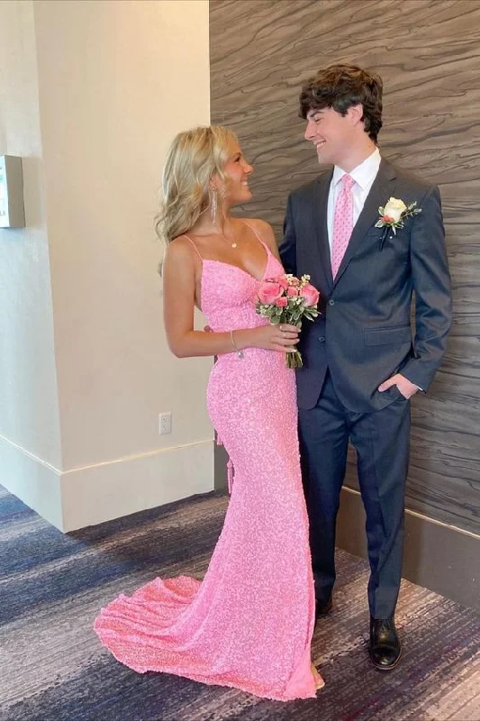 ready-to-wear prom dressesElegant Mermaid Sequin Pink Long Prom Dresses Formal Dress