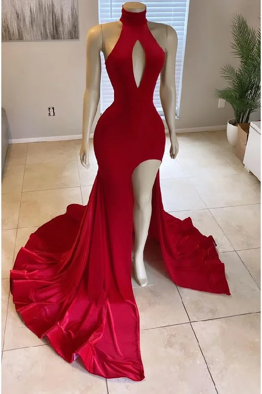 two-piece prom dressesGlorious Red Front Split Mermaid High-Neck Prom Dress Online