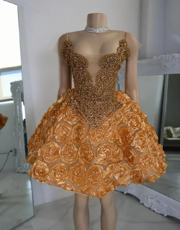 prom dresses for springGolden Sparkly Short Prom Homecoming Dresses for Black Girl 3D Rose Skirt Luxury Diamond Birthday Gala Ceremony Cocktail Gown