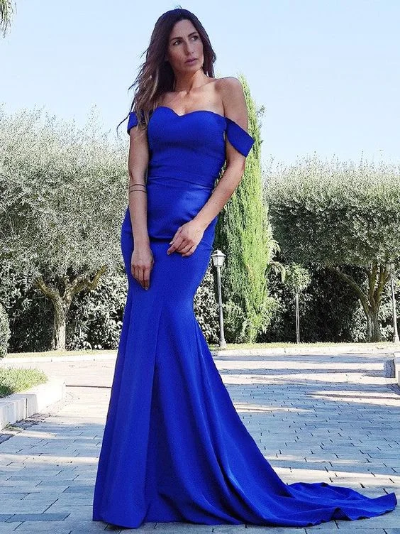 prom dress fitting adviceGorgeous Mermaid Satin Ruffles Sleeveless Off-the-Shoulder Prom Dresses