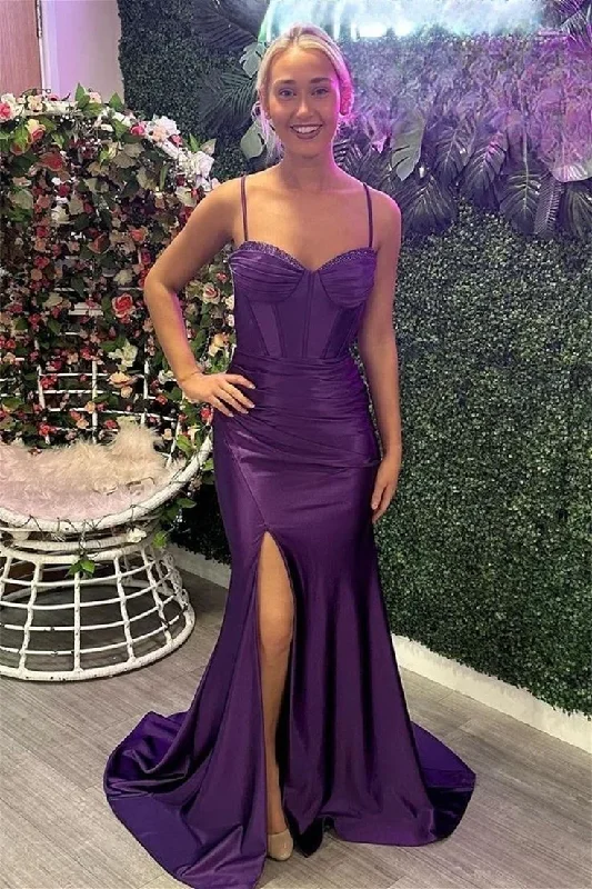 chiffon prom dressesGrape Mermaid Straps Beaded Satin Long Prom Dress with Slit