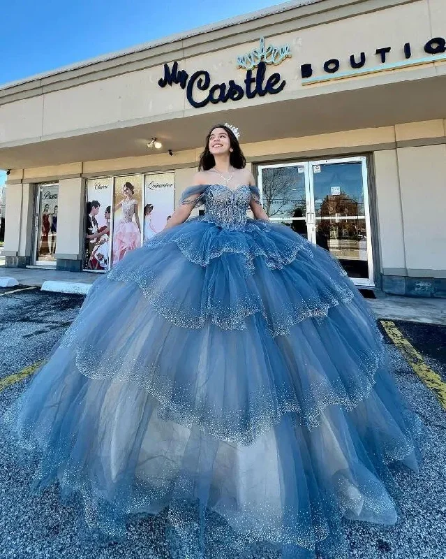 fitted prom dressesGrey Blue Sparkly Princess Quinceanera Dresses Off Shoulder Luxury Crystal Tiered Skirt vestido xv años Sweet 15 Prom