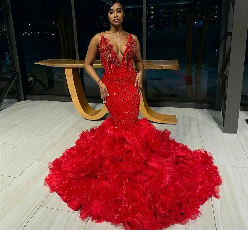 petite prom dressesHand Make Crystal Tassels Red Sweetheart Luxury Prom Dresses Black Girls Baddie Dresses For Birthday African vestidos de gala