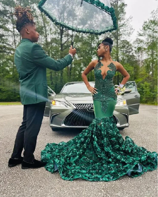 maxi prom dressesHunter Green Rose Long Prom Dresses For Black Girls 2024 Luxury Crystal Beaded African Birthday Queen Gown vestidos de noche