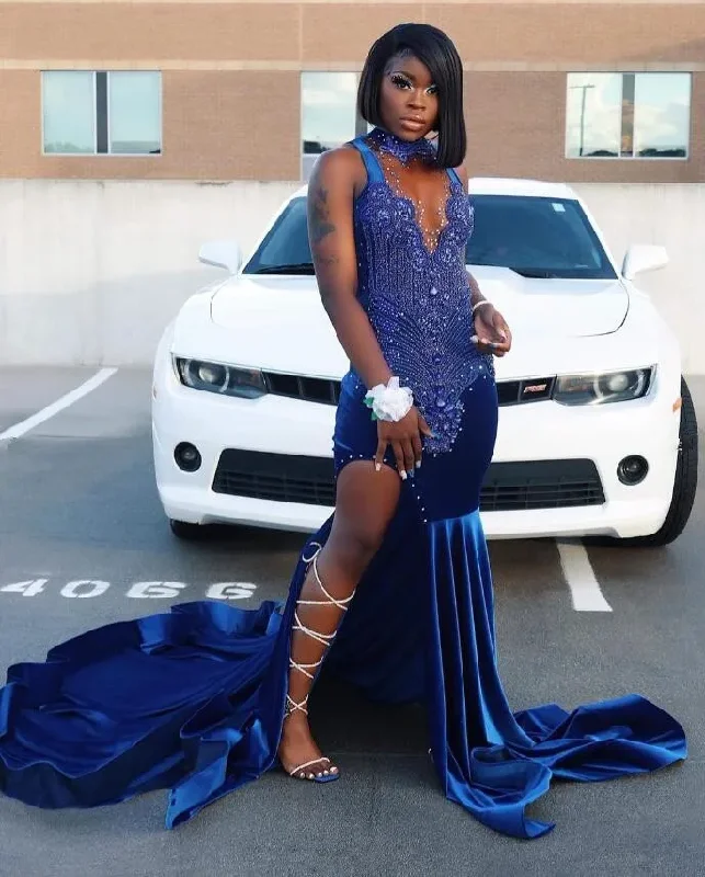 prom dresses with detachable sleevesKing Blue African Prom Dress for Women Sparkly Crystal Beaded Slit Velvet Black Girl Birthday Celebrity Queen Gown Gala