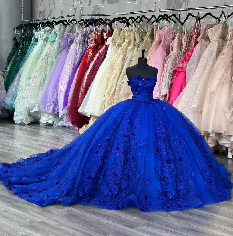 prom dresses with built-in petticoatsKing Blue Princess Quinceanera Dresses Sweetheart 3D Floral Applique vestidos de 15 años Sweep Train Prom Lace Up sweet 16