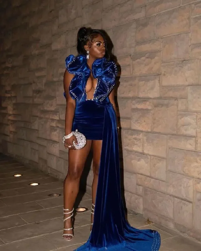 prom dresses for curve-hugging figuresKing Blue Short Prom Homecoming Dress with Train Ruffles Shoulder Black Girl Birthday Gown vestidos de graduación