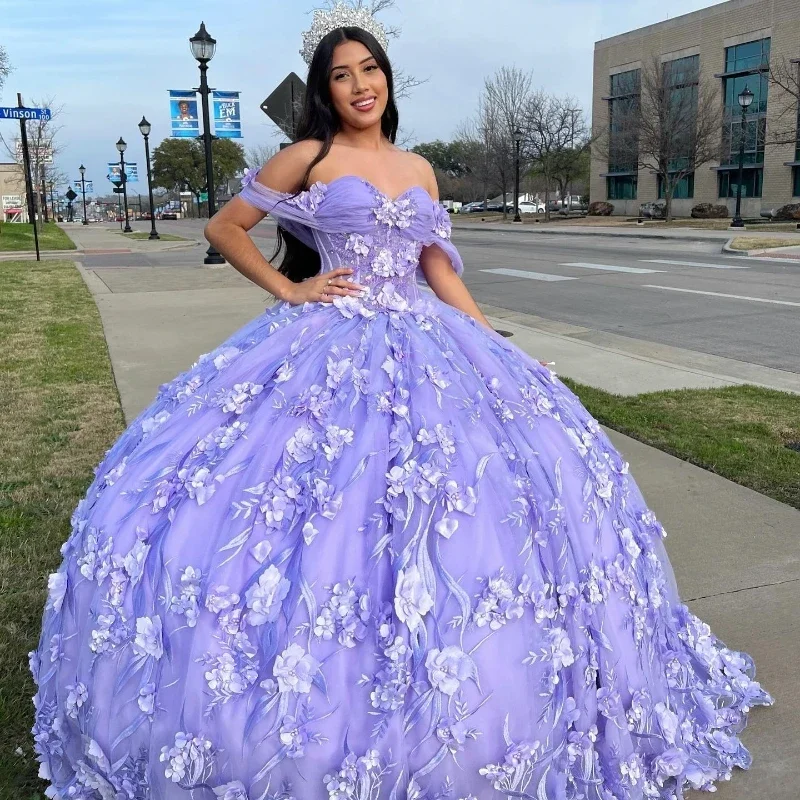 prom dress style guidesLavender Princess 3D Flowers Sweetheart Quinceanera Dresses Ball Gown Beaded Lace Tulle Prom Dress Puffy Sweet 15 16 Gown