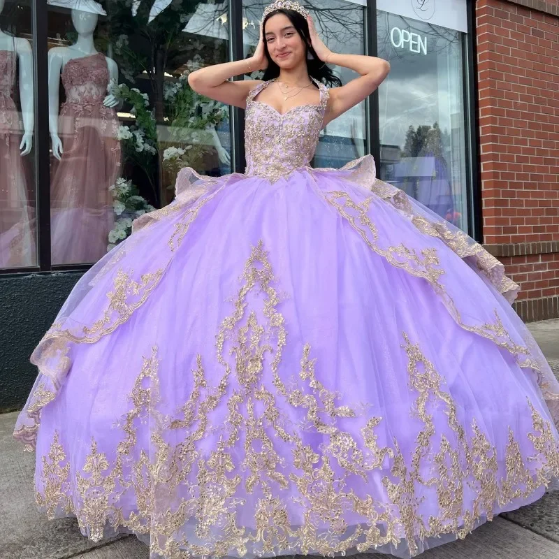 short prom dressesLavender Sweetheart Princess Quinceanera Dresses Ball Gown Gold Lace Appliques Beading Sweet 16 Prom Dress Vestidos De 15 Años